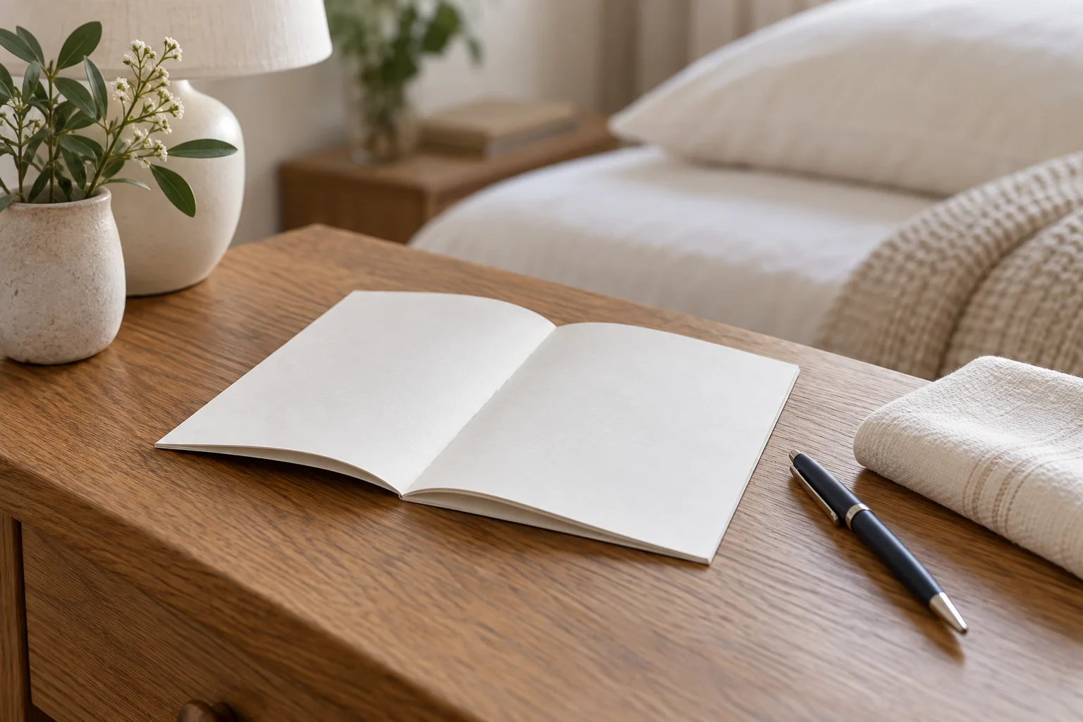 Illustrative open notebook and pen on a bedside table beside a made bed.