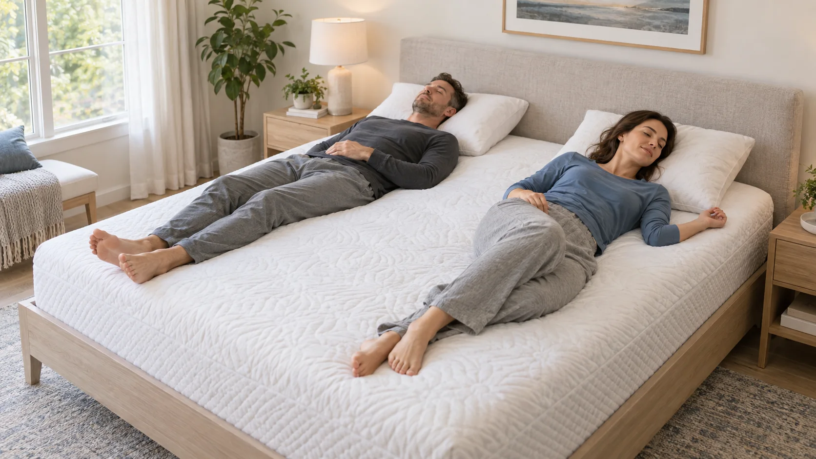 Illustration of two adults lying side by side on a mattress, one on his back and one on her side.
