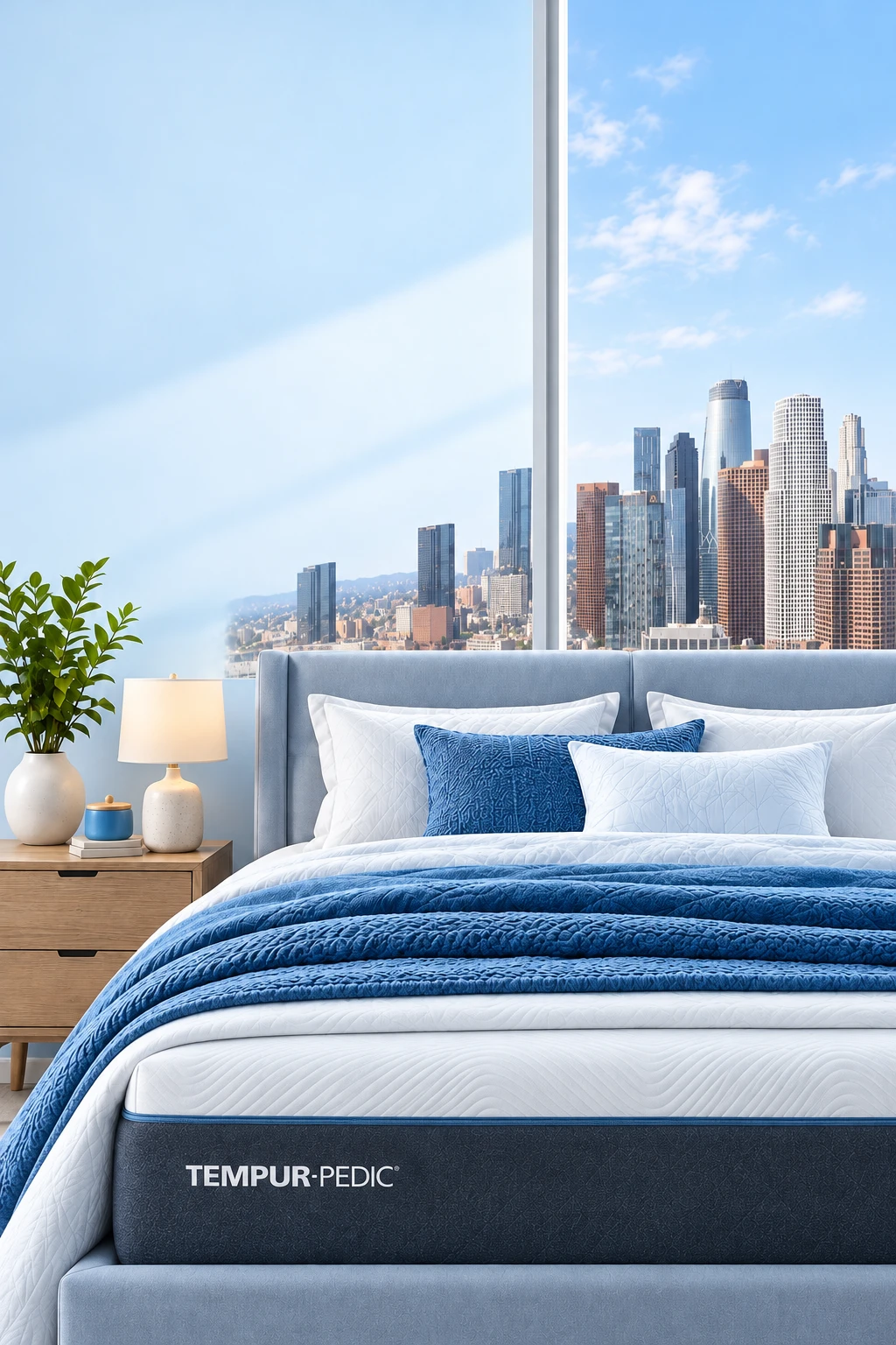 A Tempur-Pedic bed with blue bedding in a bright bedroom overlooking the Los Angeles skyline