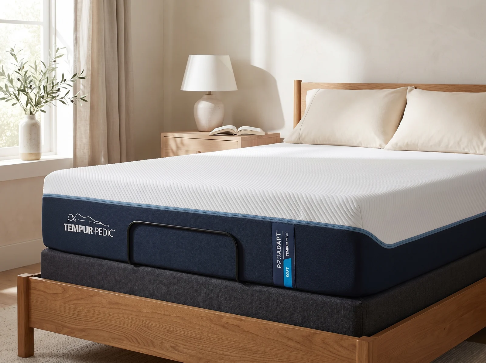 Bedroom visualization based on the TEMPUR-ProAdapt Soft mattress, with its navy side panel and blue trim visible.