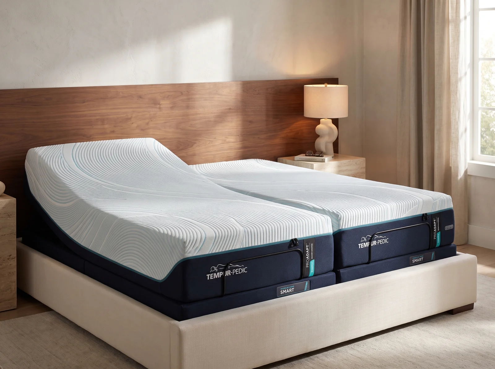 Bedroom visualization based on the TEMPUR-ProAdapt Medium Hybrid split mattress setup, with one side raised.