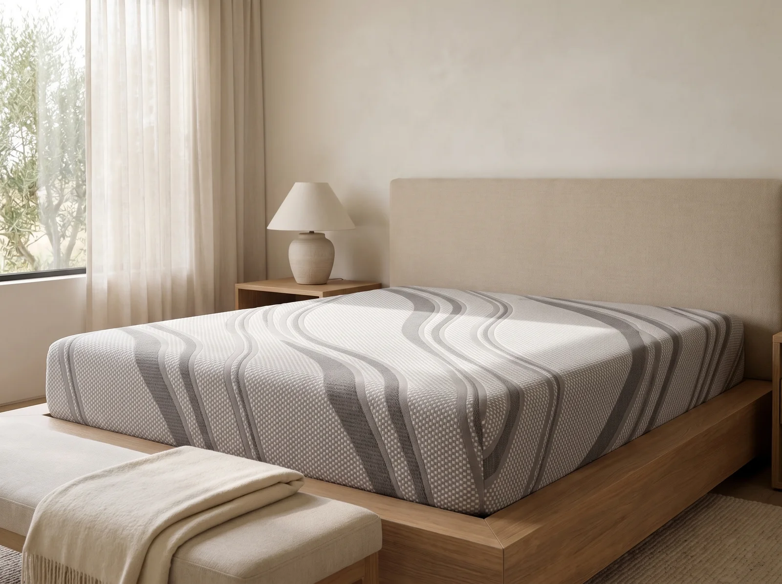 Bedroom visualization of the Diamond ProGel mattress with its grey patterned cover on an oak bed.