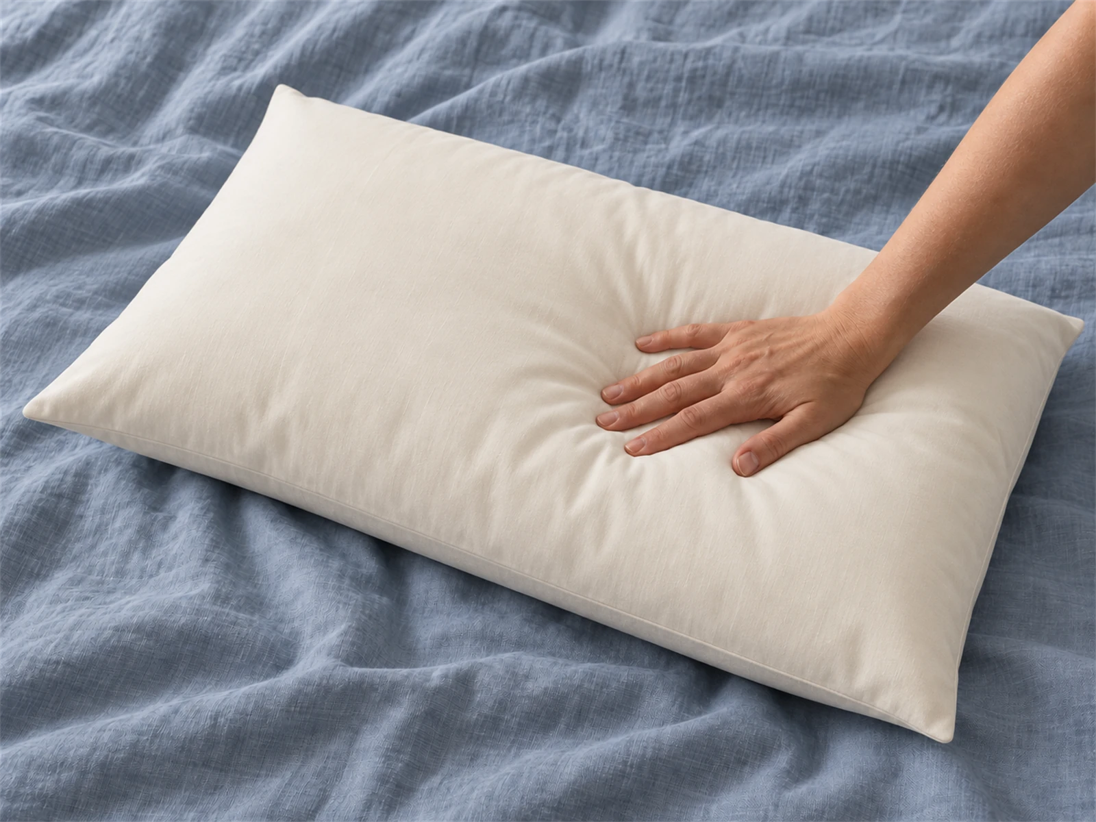 Sleep & Beyond myMerino Organic Wool Pillow: Hand pressing the pillow on blue-gray linen