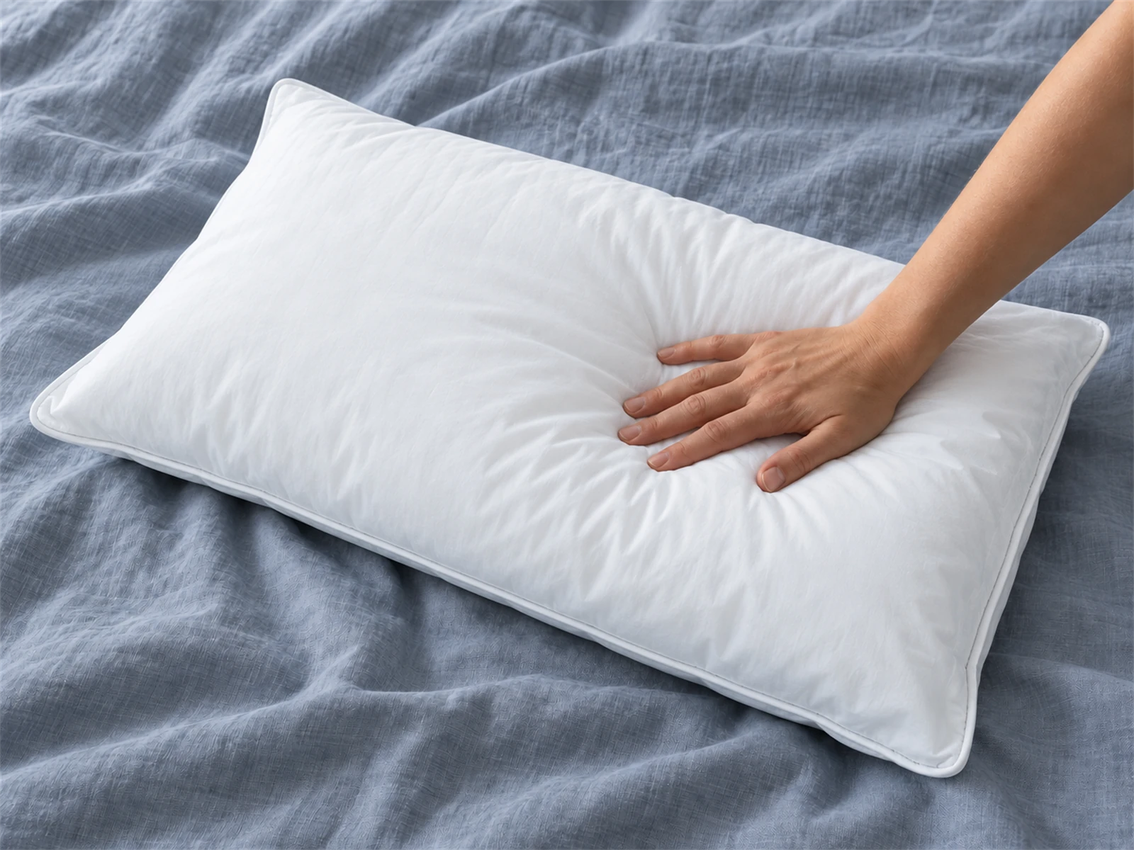 Sleep & Beyond myWool Washable Wool Pillow: Hand pressing the pillow on blue-gray linen