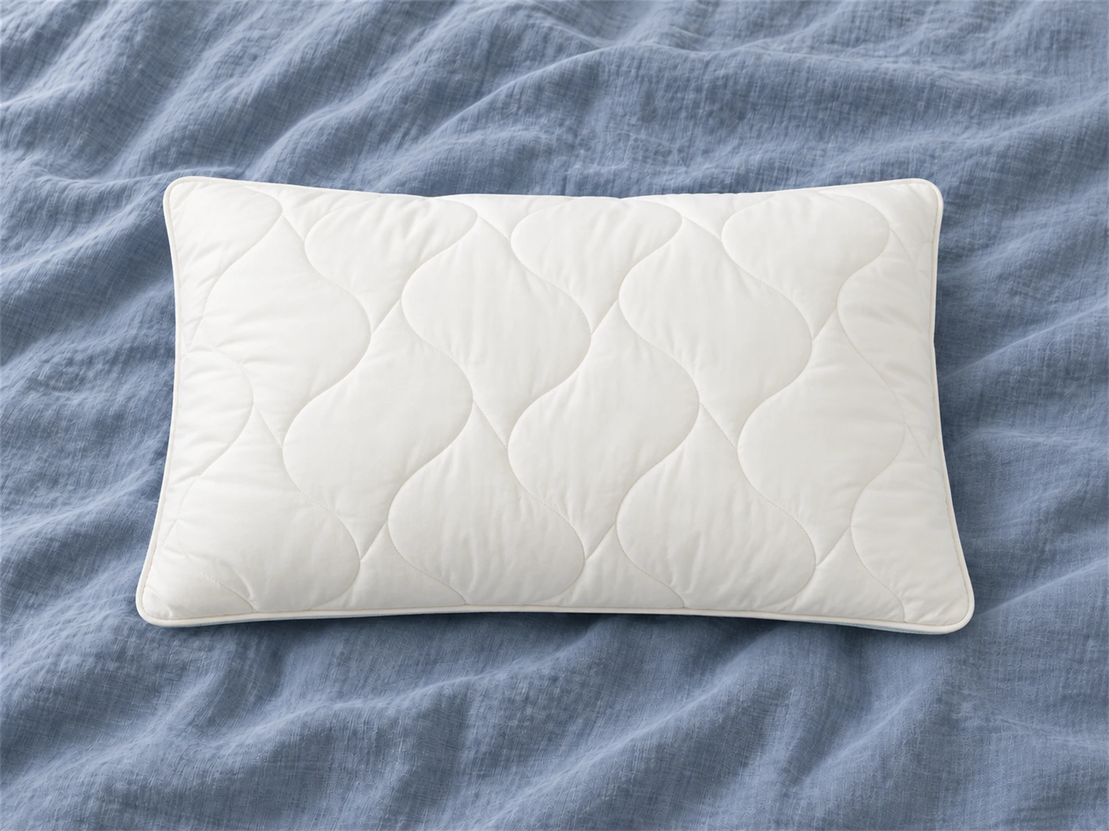 Sleep & Beyond myWoolly Adjustable Wool Pillow: Front view on blue-gray linen