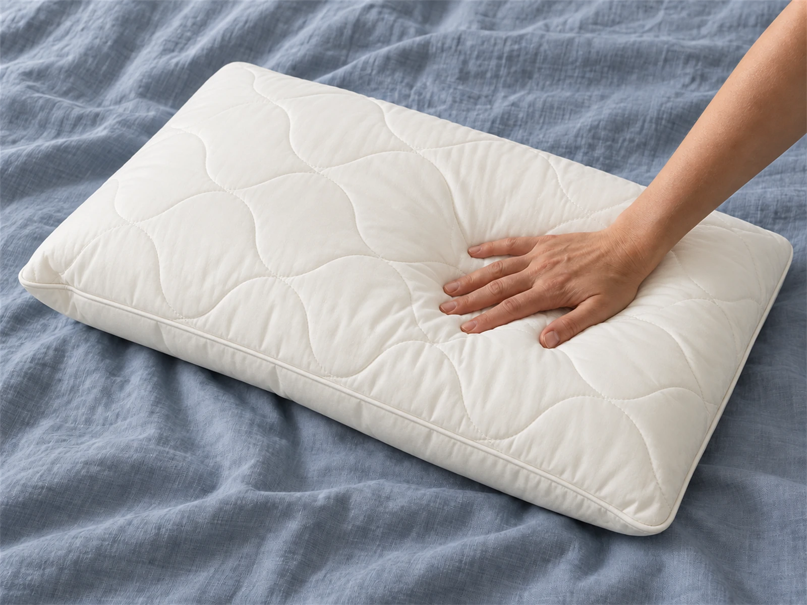 Sleep & Beyond myWoolly Adjustable Wool Pillow: Hand pressing the pillow on blue-gray linen