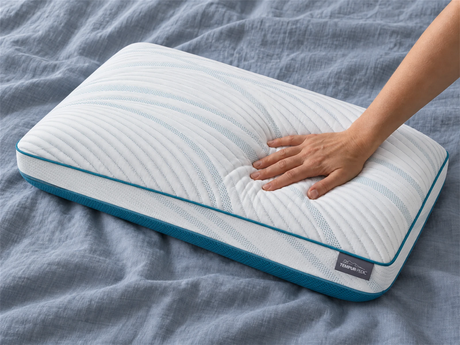 Tempur-Pedic TEMPUR-Adapt Pro + Cooling Pillow: Hand pressing the pillow on blue-gray linen