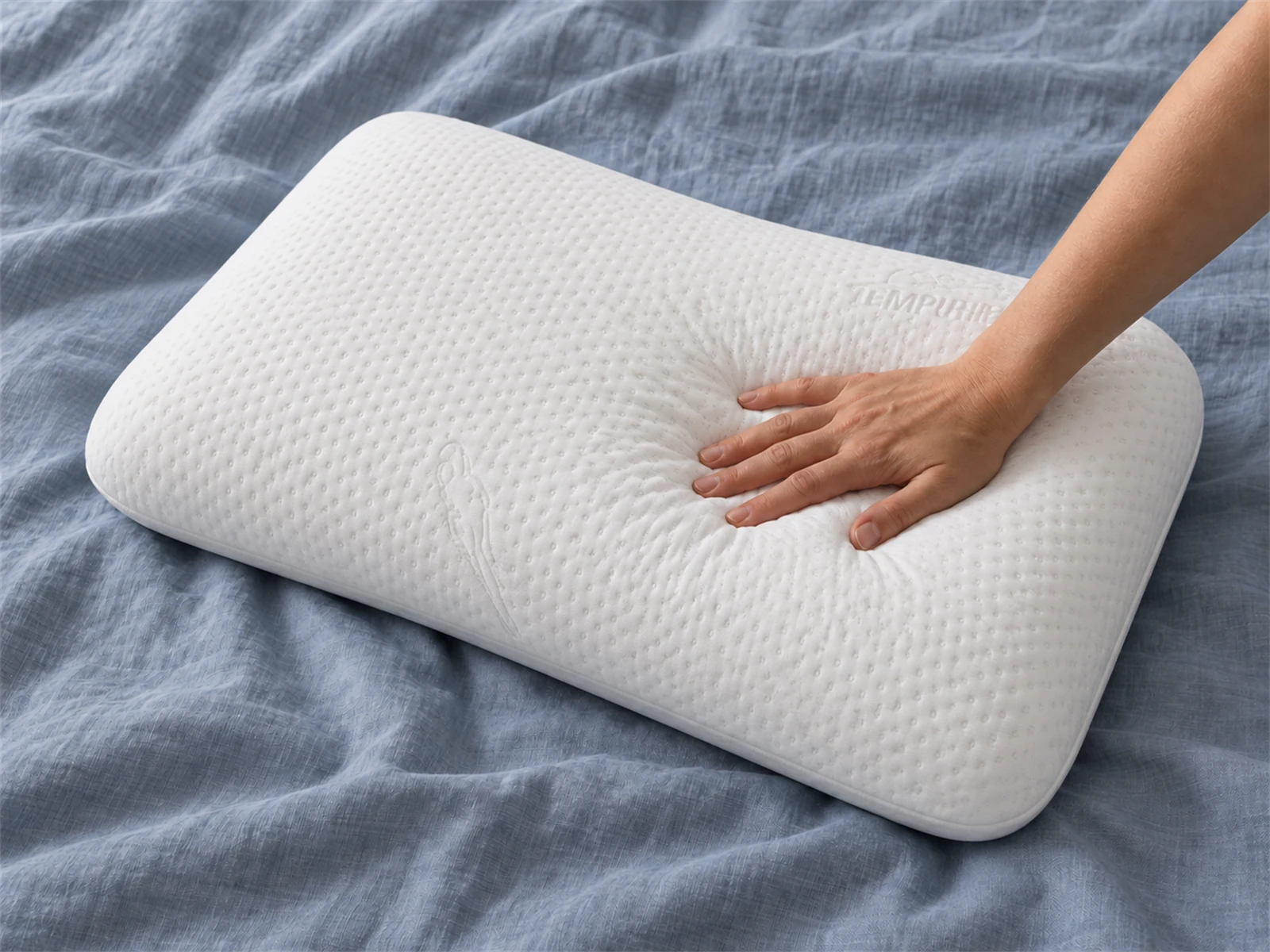Tempur-Pedic TEMPUR-Symphony Pillow: Hand pressing the pillow on blue-gray linen